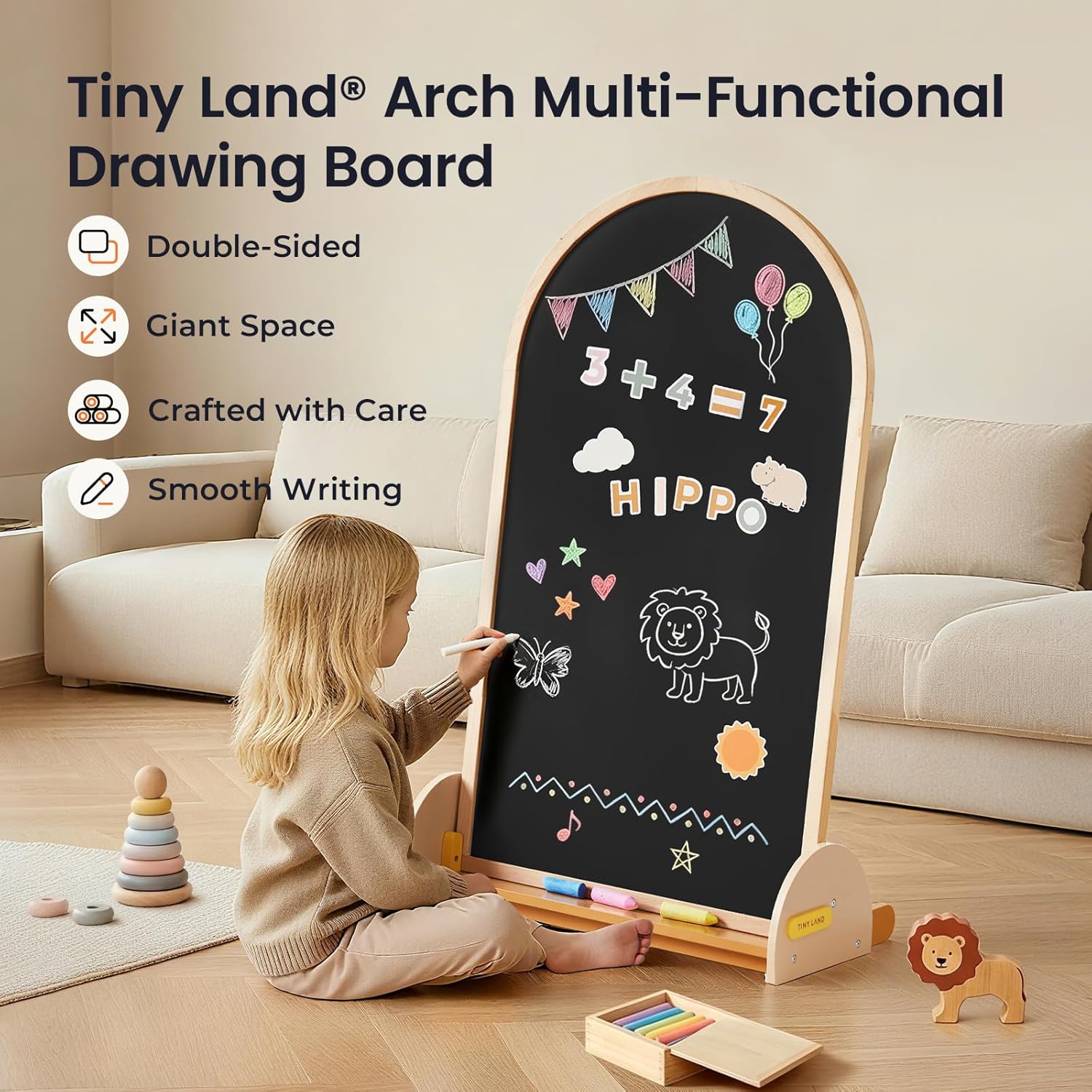 Tiny Land Kids Easel – Large 22"x40.5" Writing Area Double-Sided Magnetic Chalkboard & Whiteboard